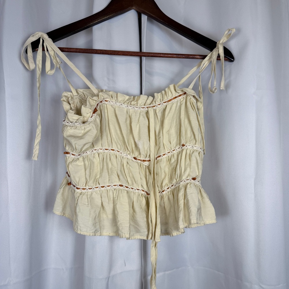 Romantic Fairy Cream Lace Trim Tie Strap Smock Crop Top M Bows Cottagecore Boho